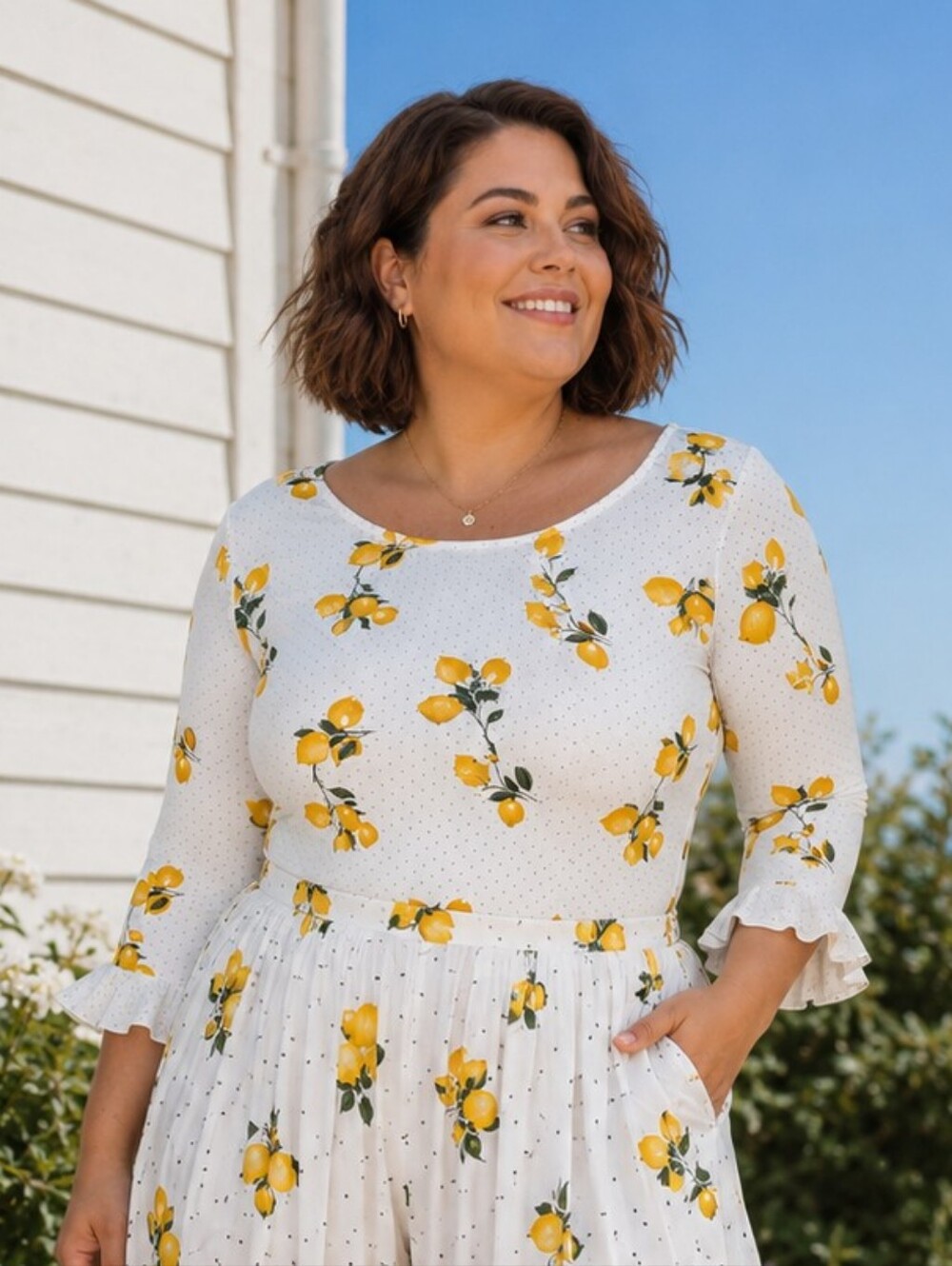 Forever 21 NEW Plus Size 3x: White Lemon Print Bodysuit with Ruffled Sleeves 🍋